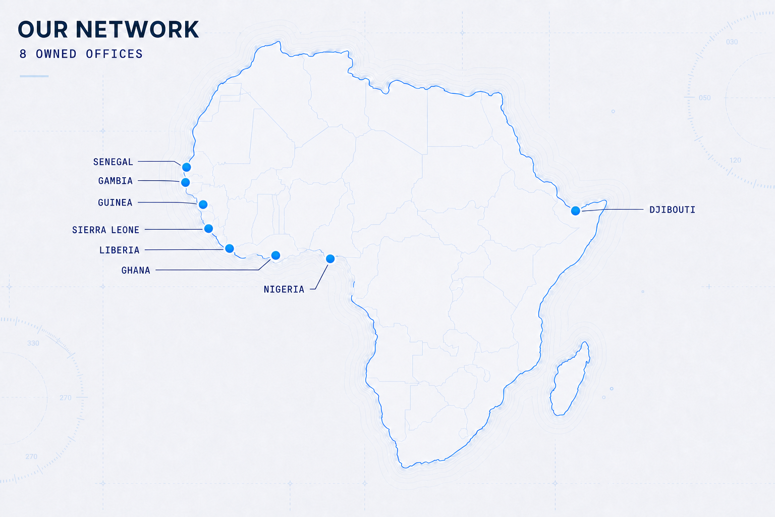 Akita network offices in Senegal, Gambia, Guinea, Sierra Leone, Liberia, Ghana, Nigeria and Djibouti